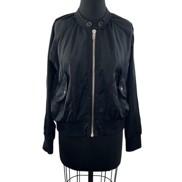 FREE PEOPLE Black Satin Long Sleeve Full Zip Midnight Bomber Jacket Size M - Picture 1 of 9